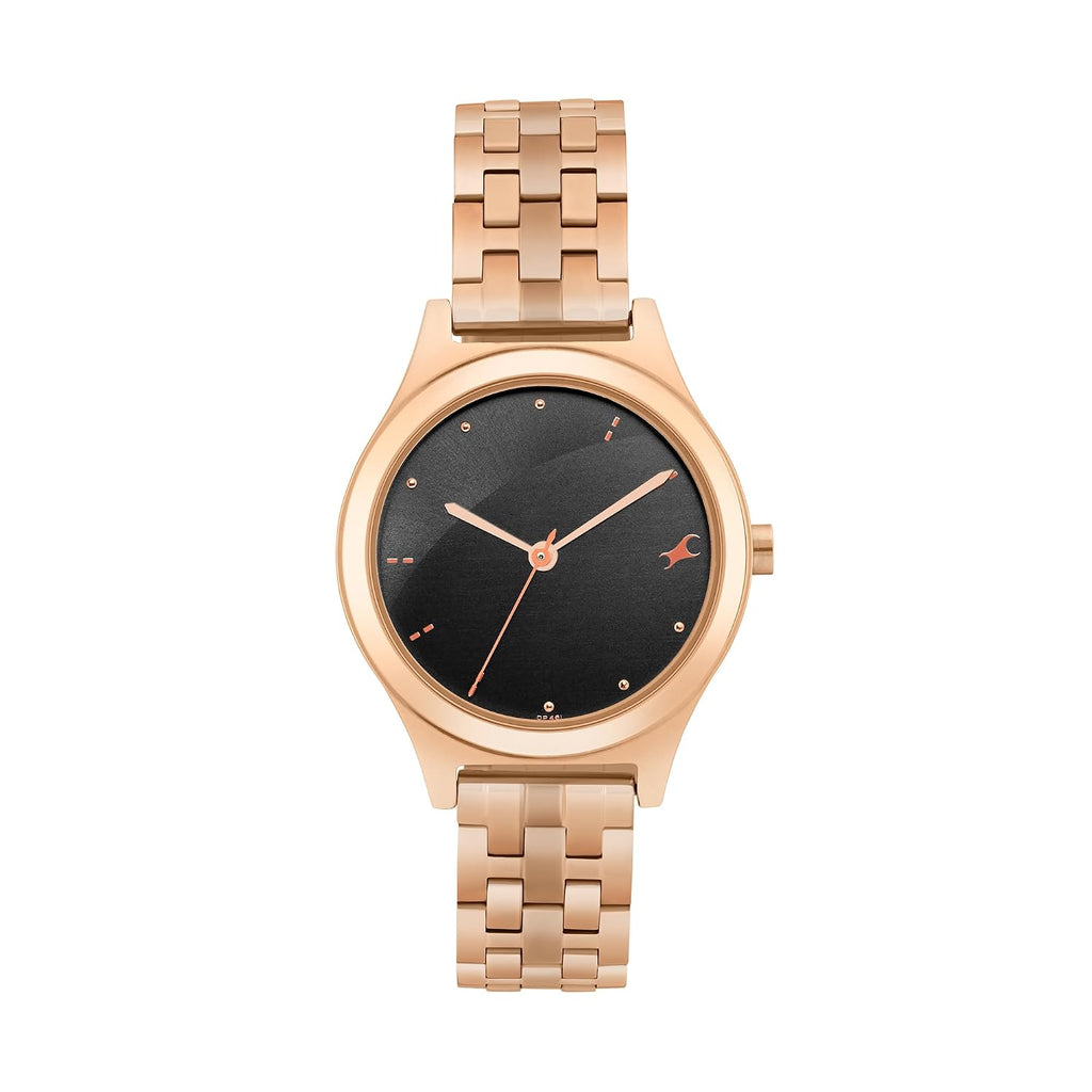 Fastrack Stunners Quartz Analog Black Dial Rose Gold Stainless Steel Strap Watch for Girls - NT6268WM02