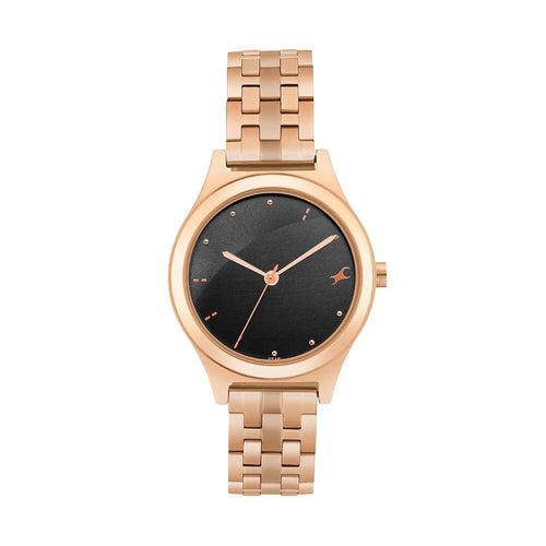 Fastrack Stunners Quartz Analog Black Dial Rose Gold Stainless Steel Strap Watch for Girls - NT6268WM02