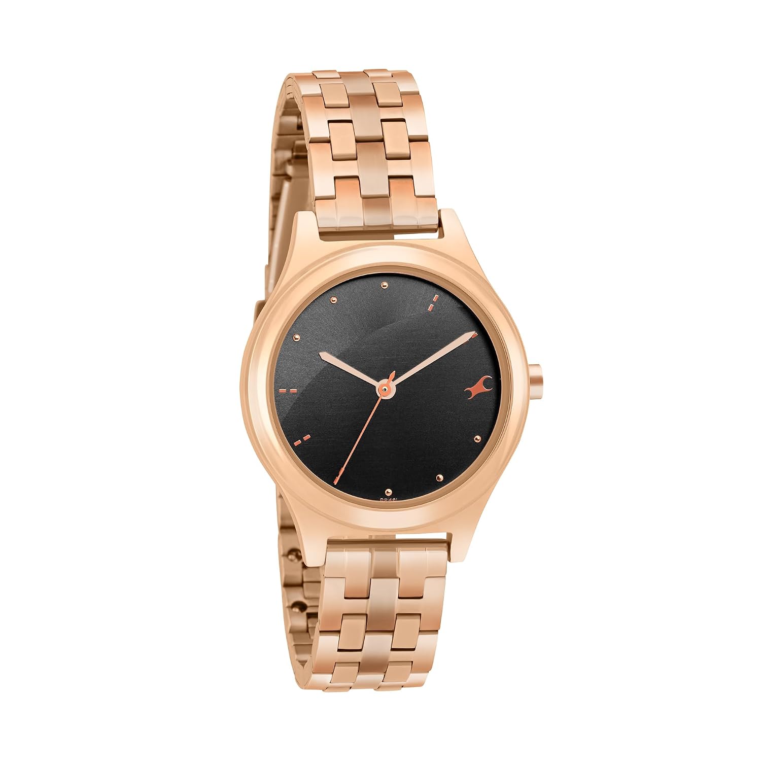 Fastrack Stunners Quartz Analog Black Dial Rose Gold Stainless Steel Strap Watch for Girls - NT6268WM02