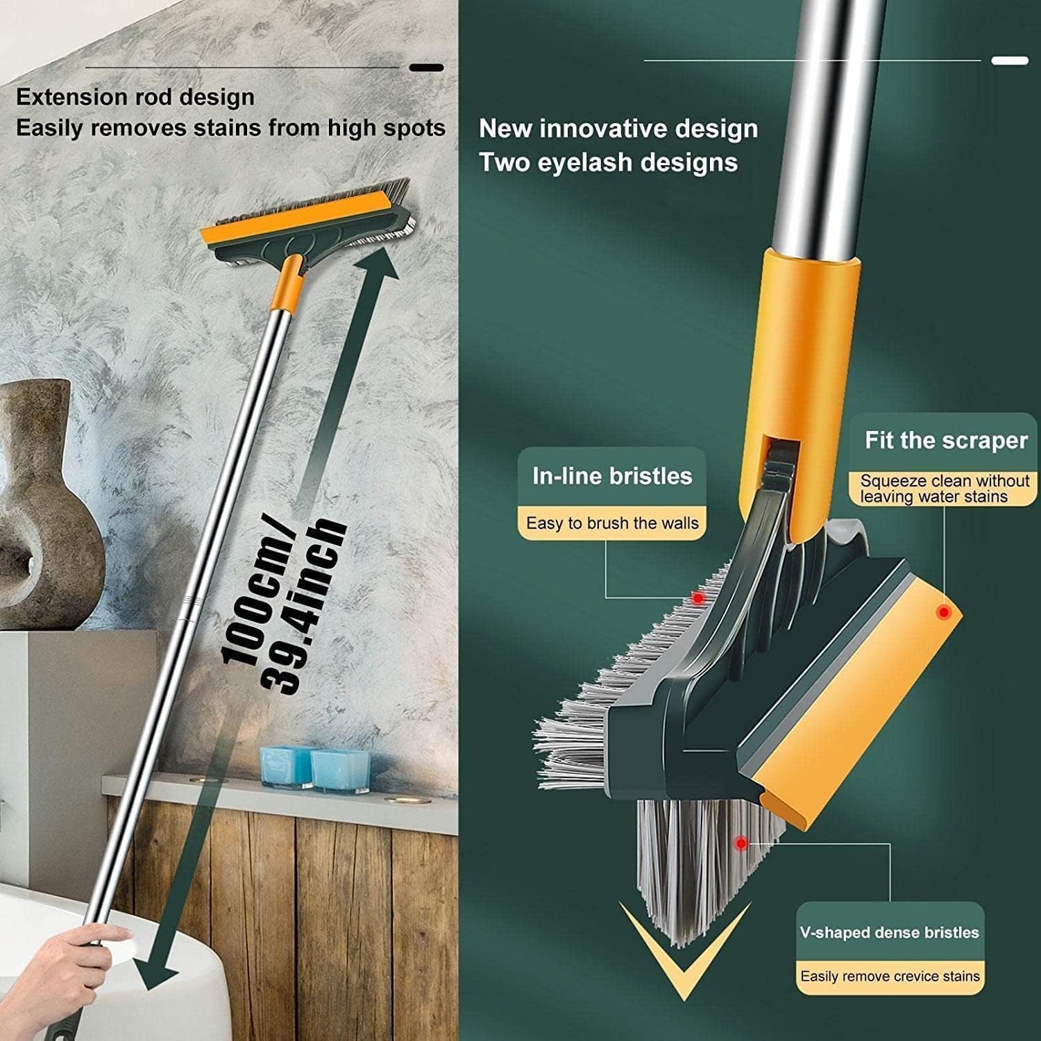 YETI 3-in-1 Bathroom Cleaning Brush with Wiper - Bathroom Cleaning Brush Long Handle 180° Rotate Toilet Brush Bathroom Tiles Cleaning, Wiper Floor Scrub for Kitchen Bathroom Cleaning (Multi-Color)