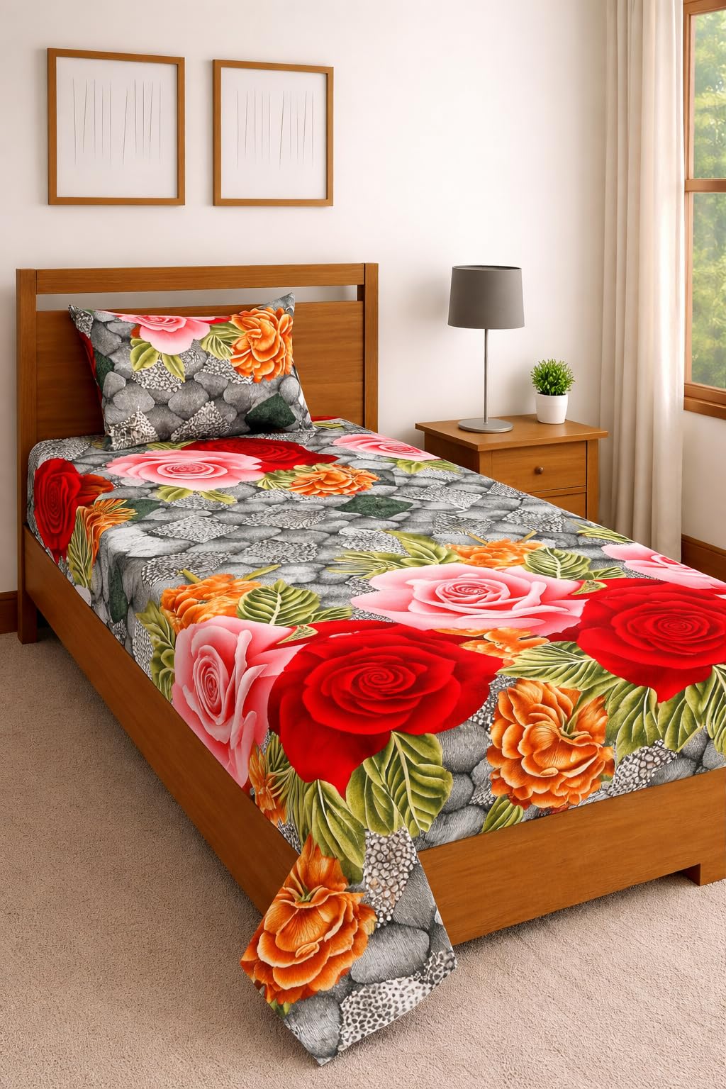 DECORUM Glace Cotton Single Bedsheet with 1 Pillow Cover | Soft, Durable, Lightweight & Skin-Friendly Fabric| Suitable for Single/Diwan Bed Size