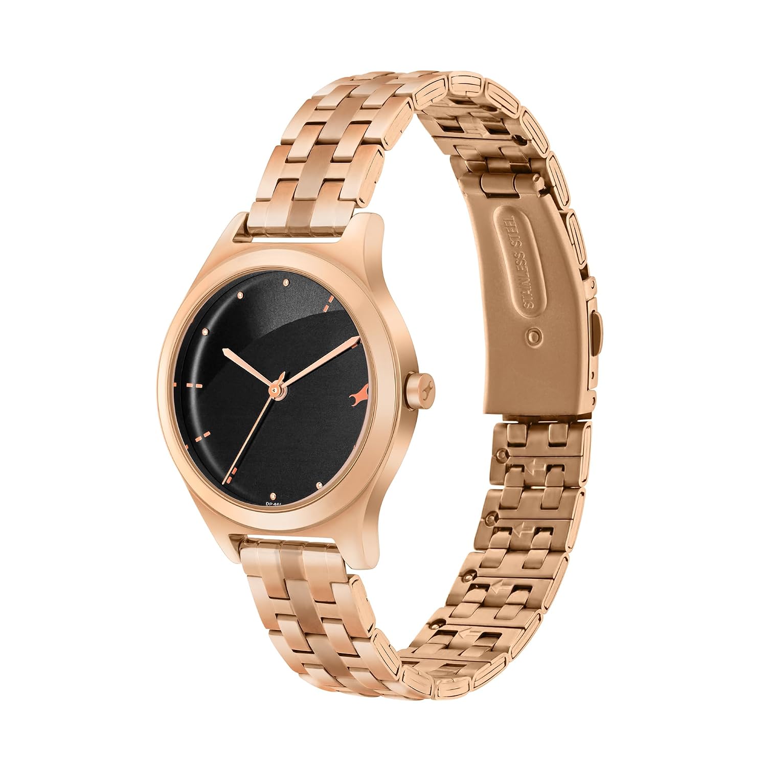 Fastrack Stunners Quartz Analog Black Dial Rose Gold Stainless Steel Strap Watch for Girls - NT6268WM02