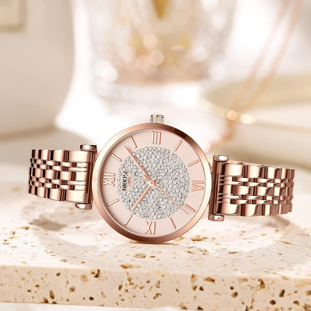 NIBOSI Women Watches Analogue Wrist Watches Watches for Women's & Girls&Miss&Ladies Rose Gold Dial Watch with Stylish Diamond Studded Watch