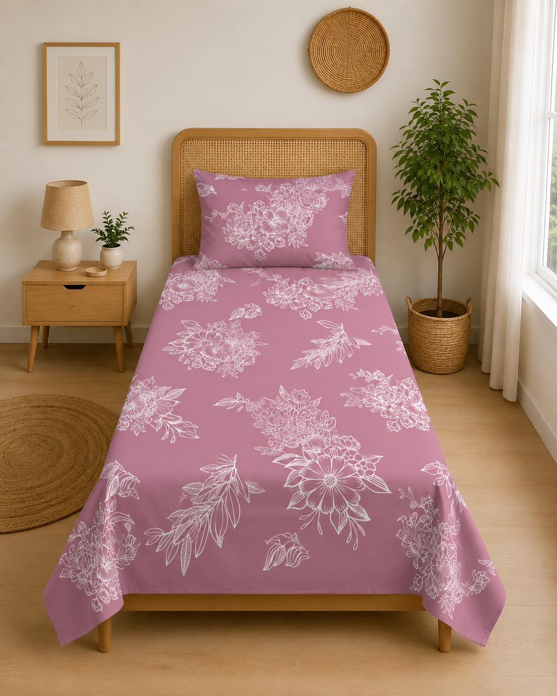 DECORUM Glace Cotton Single Bedsheet with 1 Pillow Cover | Soft, Durable, Lightweight & Skin-Friendly Fabric| Suitable for Single/Diwan Bed Size