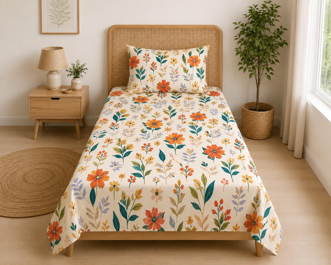 DECORUM Glace Cotton Single Bedsheet with 1 Pillow Cover | Soft, Durable, Lightweight & Skin-Friendly Fabric| Suitable for Single/Diwan Bed Size
