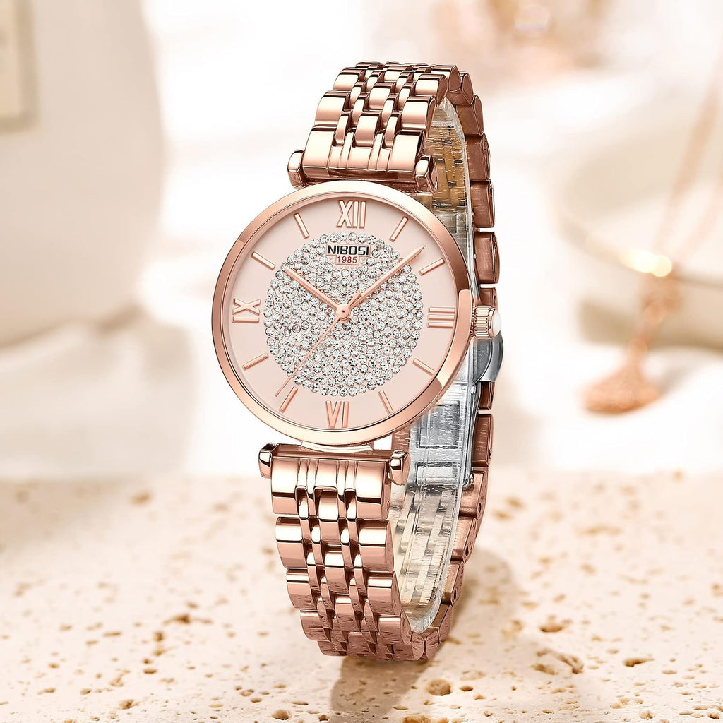 NIBOSI Women Watches Analogue Wrist Watches Watches for Women's & Girls&Miss&Ladies Rose Gold Dial Watch with Stylish Diamond Studded Watch