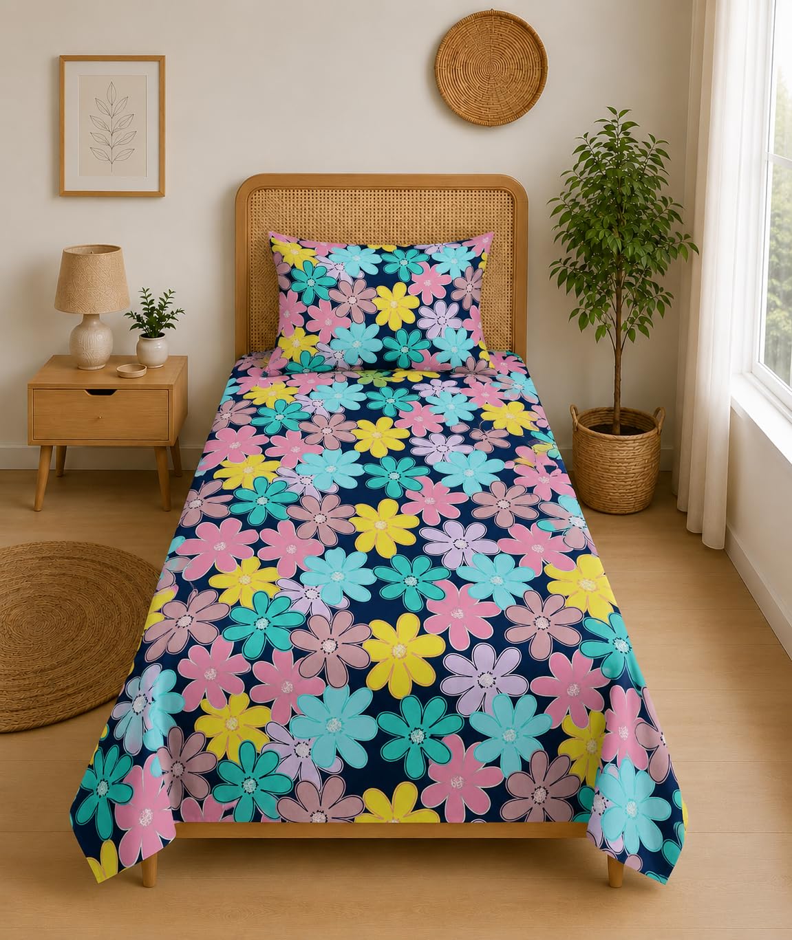 DECORUM Glace Cotton Single Bedsheet with 1 Pillow Cover | Soft, Durable, Lightweight & Skin-Friendly Fabric| Suitable for Single/Diwan Bed Size