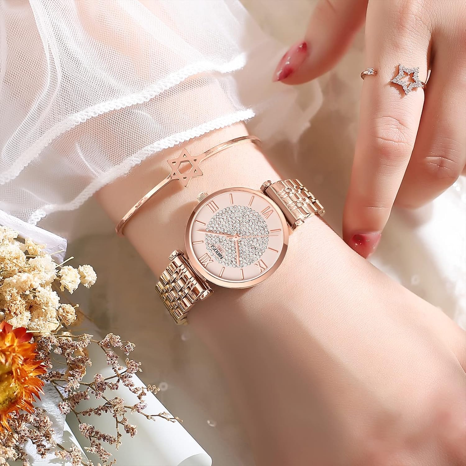 NIBOSI Women Watches Analogue Wrist Watches Watches for Women's & Girls&Miss&Ladies Rose Gold Dial Watch with Stylish Diamond Studded Watch