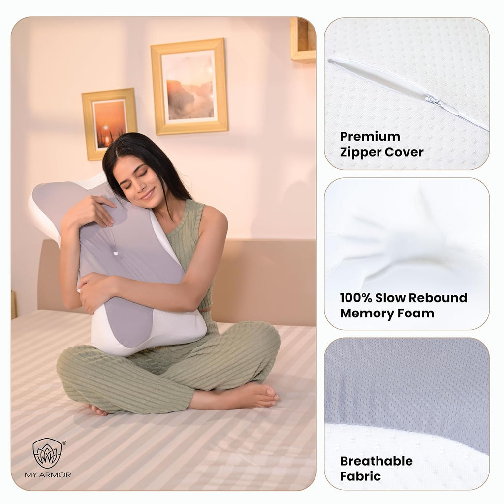 MY ARMOR Cervical Memory Foam Pillow for Neck Pain Relief | Butterfly Orthopedic Contour Pillow | Dual Height Ergonomic Design for Side, Back Sleepers | Shoulder Support Cushion with Arm Rest
