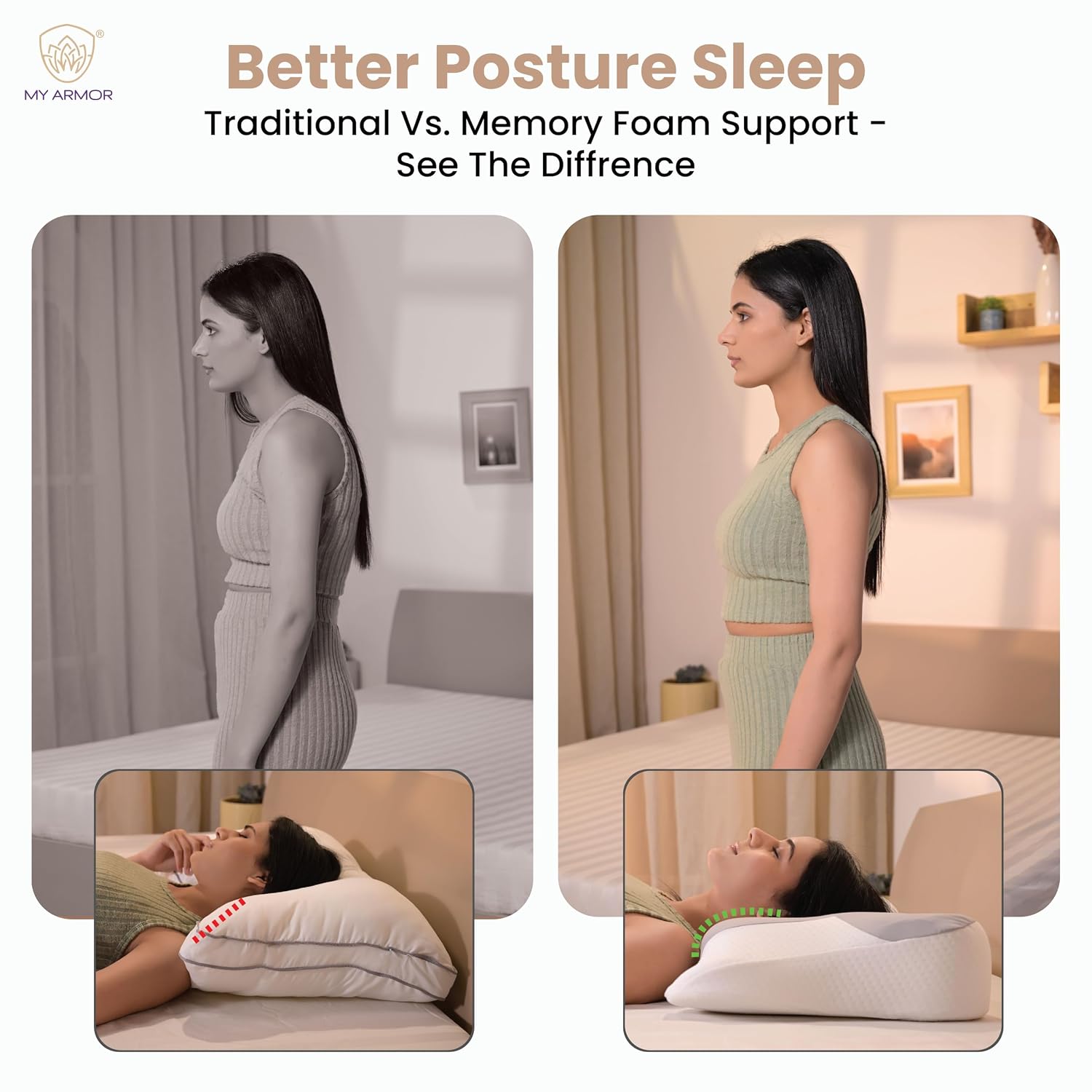 MY ARMOR Cervical Memory Foam Pillow for Neck Pain Relief | Butterfly Orthopedic Contour Pillow | Dual Height Ergonomic Design for Side, Back Sleepers | Shoulder Support Cushion with Arm Rest