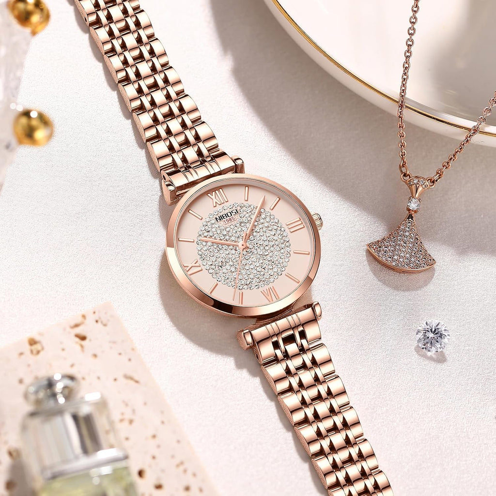NIBOSI Women Watches Analogue Wrist Watches Watches for Women's & Girls&Miss&Ladies Rose Gold Dial Watch with Stylish Diamond Studded Watch